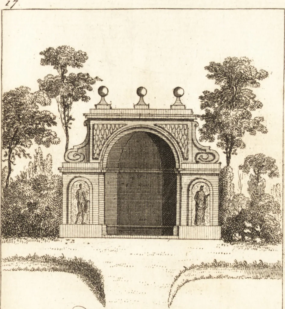 An illustration from The country gentleman's pocket companion, and builder's assistant, for rural decorative architecture : containing, thirty-two new designs, plans and elevations of alcoves, floats, temples, summer-houses, lodges, huts, grotto's, &c. in the Augustine, Gothick and Chinese taste, with proper directions annexed : also the exact estimate of their several amounts, which are from twenty-five to one hundred pounds, and most of them portable : correctly engraved on twenty-five copper plates, 1753, leaf 52