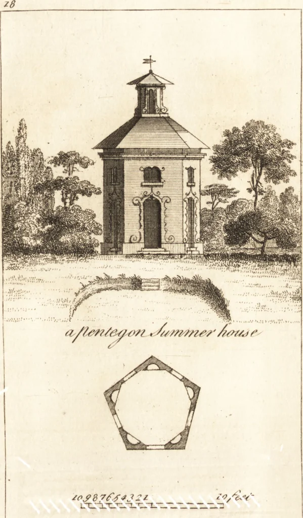 An illustration from The country gentleman's pocket companion, and builder's assistant, for rural decorative architecture : containing, thirty-two new designs, plans and elevations of alcoves, floats, temples, summer-houses, lodges, huts, grotto's, &c. in the Augustine, Gothick and Chinese taste, with proper directions annexed : also the exact estimate of their several amounts, which are from twenty-five to one hundred pounds, and most of them portable : correctly engraved on twenty-five copper plates, 1753, leaf 54