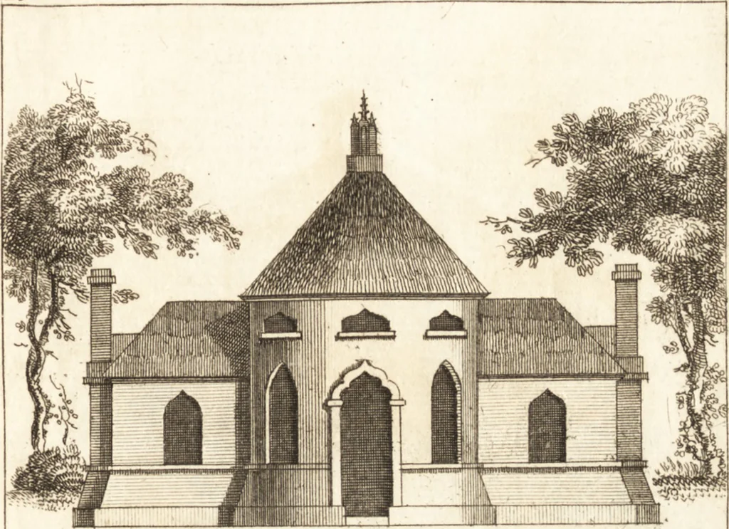 An illustration from The country gentleman's pocket companion, and builder's assistant, for rural decorative architecture : containing, thirty-two new designs, plans and elevations of alcoves, floats, temples, summer-houses, lodges, huts, grotto's, &c. in the Augustine, Gothick and Chinese taste, with proper directions annexed : also the exact estimate of their several amounts, which are from twenty-five to one hundred pounds, and most of them portable : correctly engraved on twenty-five copper plates, 1753, leaf 56