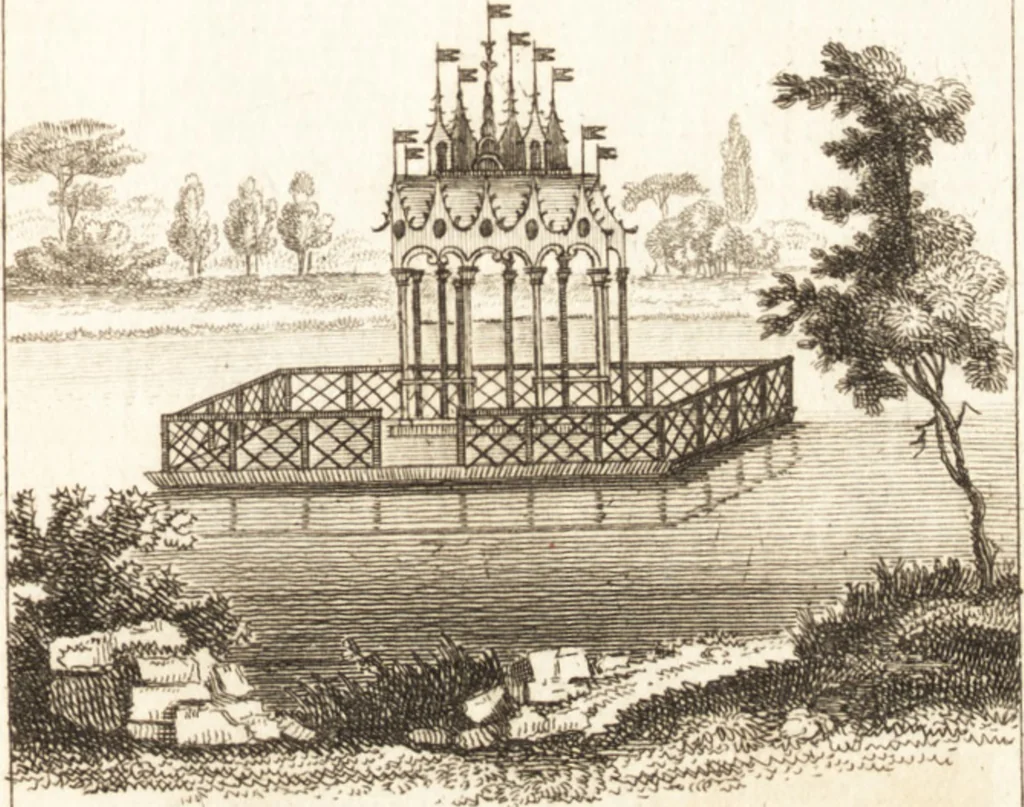 An illustration from The country gentleman's pocket companion, and builder's assistant, for rural decorative architecture : containing, thirty-two new designs, plans and elevations of alcoves, floats, temples, summer-houses, lodges, huts, grotto's, &c. in the Augustine, Gothick and Chinese taste, with proper directions annexed : also the exact estimate of their several amounts, which are from twenty-five to one hundred pounds, and most of them portable : correctly engraved on twenty-five copper plates, 1753, leaf 62