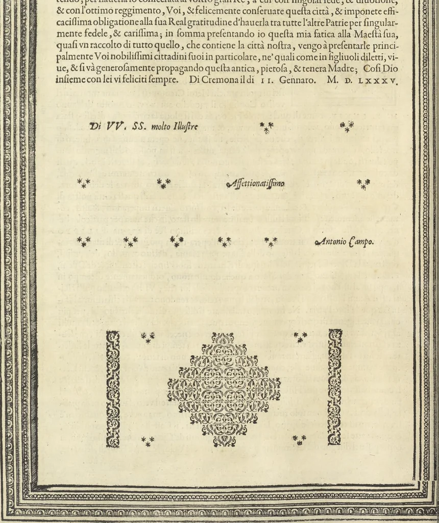 An illustration from Cremona fedelissima citta et nobilissima colonia de Romani : rappresentata in disegno col svo contado et illvstrata d'vna breve historia delle cose piv notabili appartenenti ad essa et de i ritratti natvrali de dvchi et dvchesse di Milano e compendio delle lor vite, 1585, leaf 13
