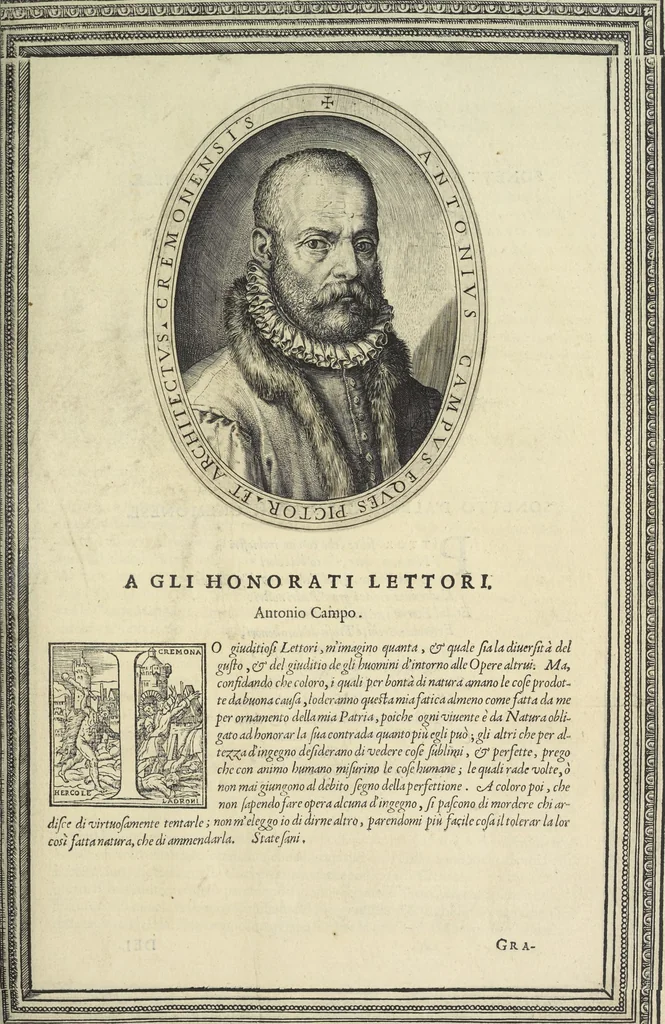 An illustration from Cremona fedelissima citta et nobilissima colonia de Romani : rappresentata in disegno col svo contado et illvstrata d'vna breve historia delle cose piv notabili appartenenti ad essa et de i ritratti natvrali de dvchi et dvchesse di Milano e compendio delle lor vite, 1585, leaf 14