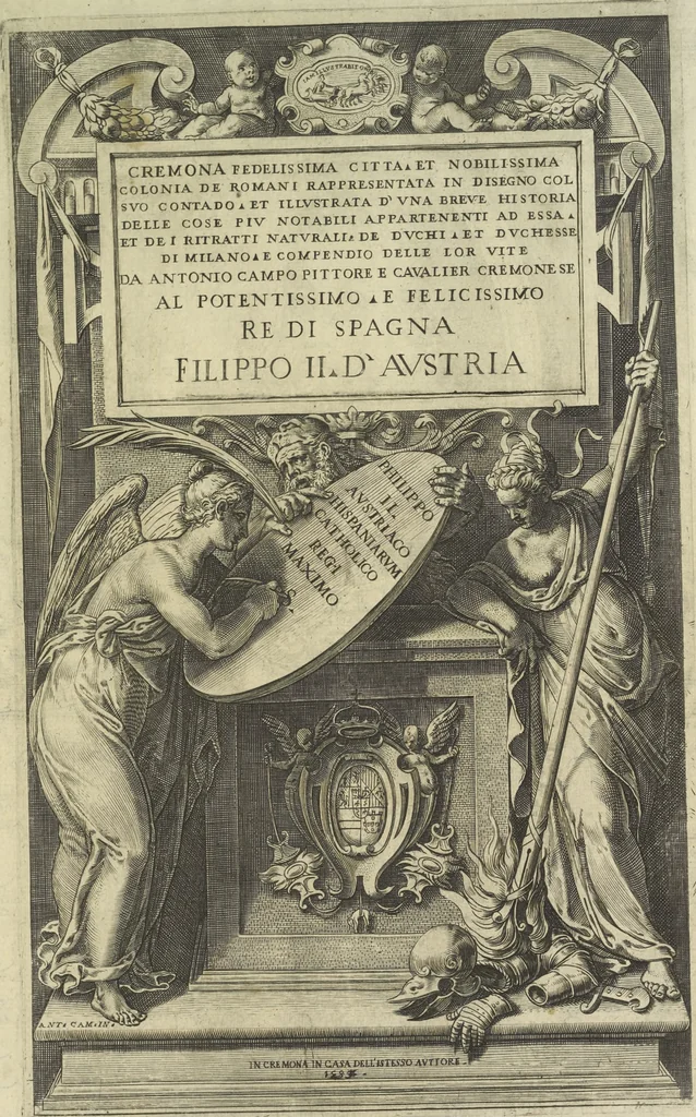 An illustration from Cremona fedelissima citta et nobilissima colonia de Romani : rappresentata in disegno col svo contado et illvstrata d'vna breve historia delle cose piv notabili appartenenti ad essa et de i ritratti natvrali de dvchi et dvchesse di Milano e compendio delle lor vite, 1585, leaf 8
