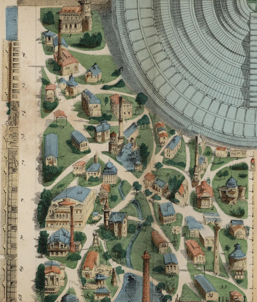 An illustration from Les curiosités de l'Exposition universelle de 1867 : suivi d'un indicateur pratique des moyens de transport, des prix d'entrée, etc. : avec six plans, 1867, leaf 222