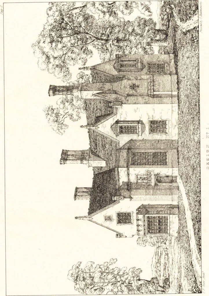 An illustration from Designs for parsonage houses, alms houses, etc., etc. : with examples of gables, and other curious remains of old English architecture, 1827, leaf 18