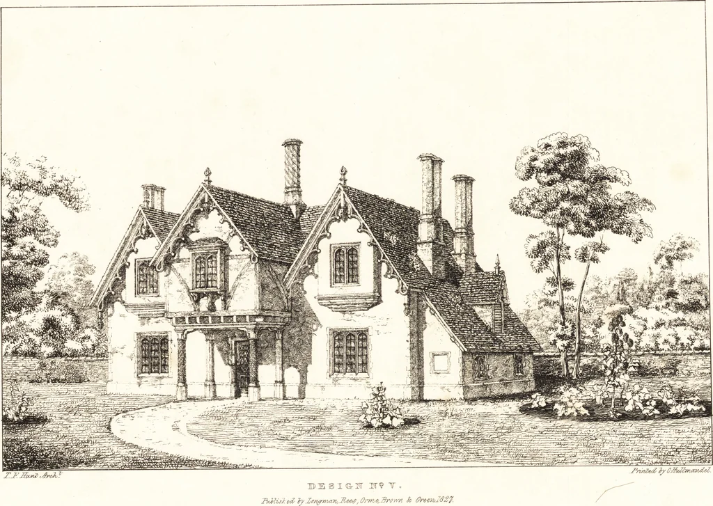 An illustration from Designs for parsonage houses, alms houses, etc., etc. : with examples of gables, and other curious remains of old English architecture, 1827, leaf 42