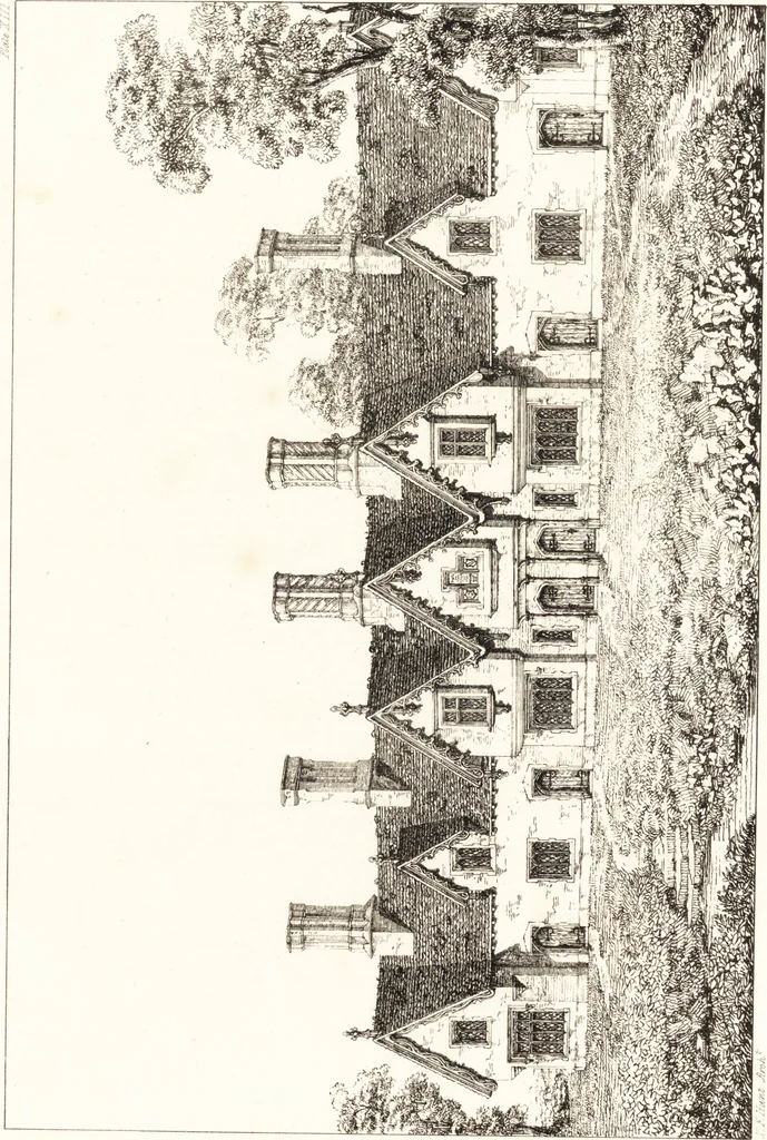An illustration from Designs for parsonage houses, alms houses, etc., etc. : with examples of gables, and other curious remains of old English architecture, 1827, leaf 56