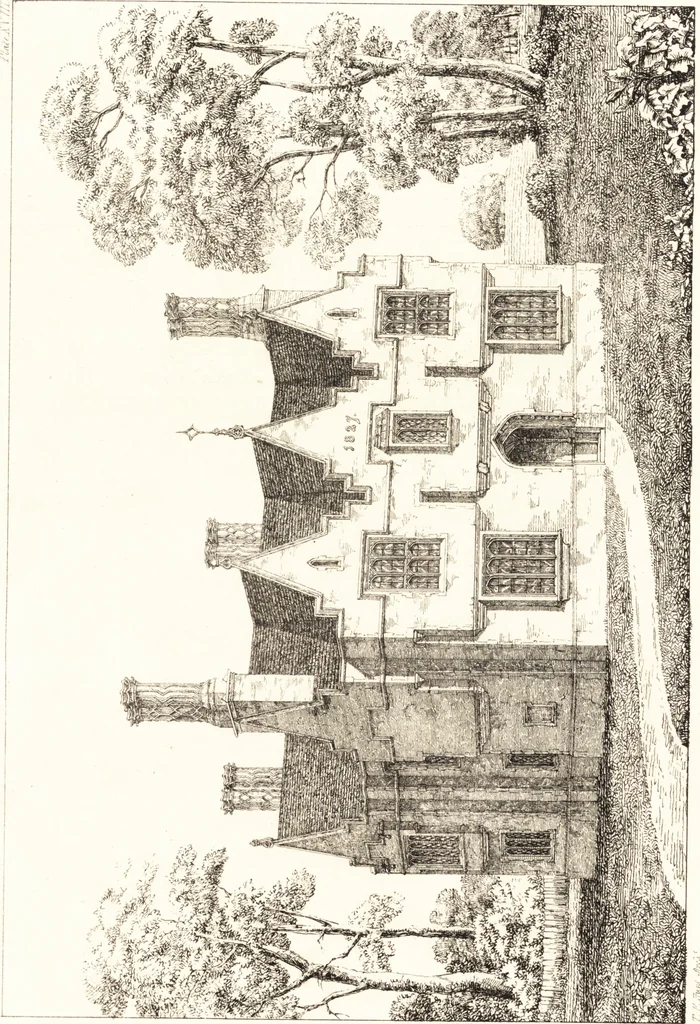 An illustration from Designs for parsonage houses, alms houses, etc., etc. : with examples of gables, and other curious remains of old English architecture, 1827, leaf 76