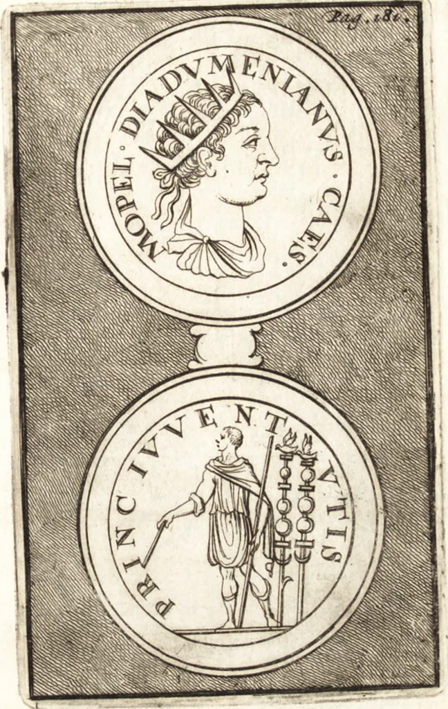An illustration from Dissertatio de ortu et interitu Imperii Romani : qua examinatur nobilis illa, ut eam vocat merito summus Grotius, cum apud historicos, tum etiam JCtos tractata quaestio, anea, quae olim fuerint Romani Imperii, jam sint Germanici regni, propter translationem Imperii Romani in Carolum M. factam, vel an nulla translatio ejusmodi facta, sed, populo Romano eodem hodie, qui olim fuit, penes eundem quoque imperium mansisse dicendum, tanquam penes corpus, in quo esset ac viveret, 1698, leaf 218