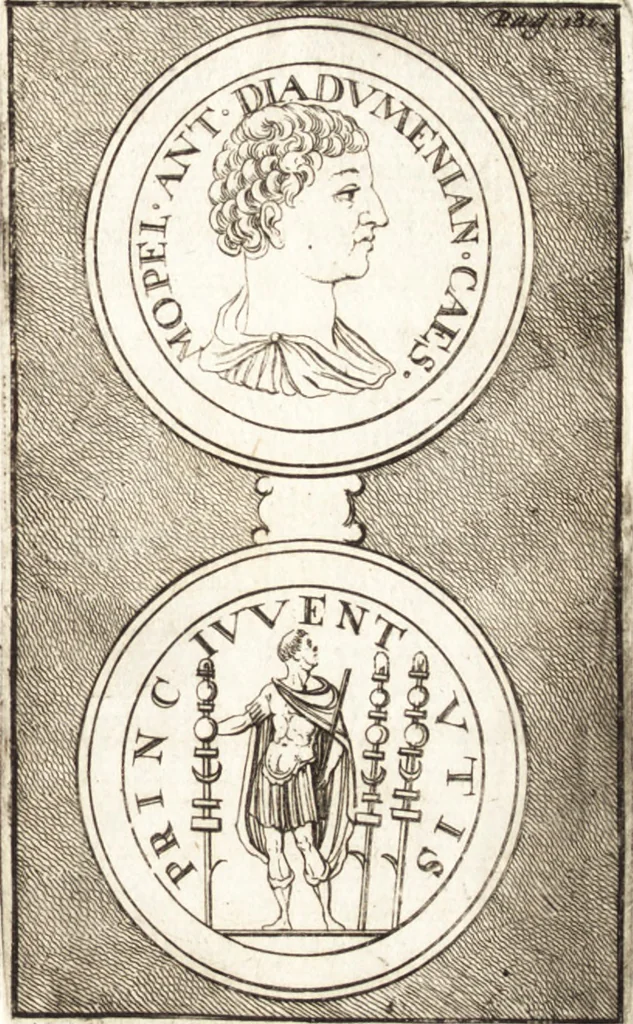 An illustration from Dissertatio de ortu et interitu Imperii Romani : qua examinatur nobilis illa, ut eam vocat merito summus Grotius, cum apud historicos, tum etiam JCtos tractata quaestio, anea, quae olim fuerint Romani Imperii, jam sint Germanici regni, propter translationem Imperii Romani in Carolum M. factam, vel an nulla translatio ejusmodi facta, sed, populo Romano eodem hodie, qui olim fuit, penes eundem quoque imperium mansisse dicendum, tanquam penes corpus, in quo esset ac viveret, 1698, leaf 220
