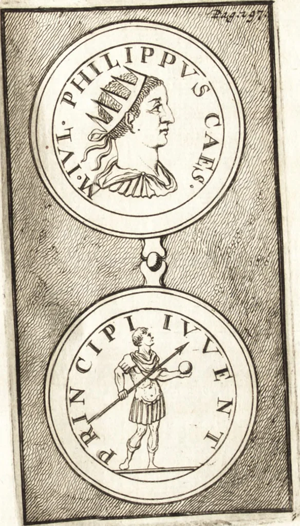 An illustration from Dissertatio de ortu et interitu Imperii Romani : qua examinatur nobilis illa, ut eam vocat merito summus Grotius, cum apud historicos, tum etiam JCtos tractata quaestio, anea, quae olim fuerint Romani Imperii, jam sint Germanici regni, propter translationem Imperii Romani in Carolum M. factam, vel an nulla translatio ejusmodi facta, sed, populo Romano eodem hodie, qui olim fuit, penes eundem quoque imperium mansisse dicendum, tanquam penes corpus, in quo esset ac viveret, 1698, leaf 240