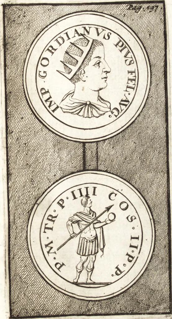 An illustration from Dissertatio de ortu et interitu Imperii Romani : qua examinatur nobilis illa, ut eam vocat merito summus Grotius, cum apud historicos, tum etiam JCtos tractata quaestio, anea, quae olim fuerint Romani Imperii, jam sint Germanici regni, propter translationem Imperii Romani in Carolum M. factam, vel an nulla translatio ejusmodi facta, sed, populo Romano eodem hodie, qui olim fuit, penes eundem quoque imperium mansisse dicendum, tanquam penes corpus, in quo esset ac viveret, 1698, leaf 242