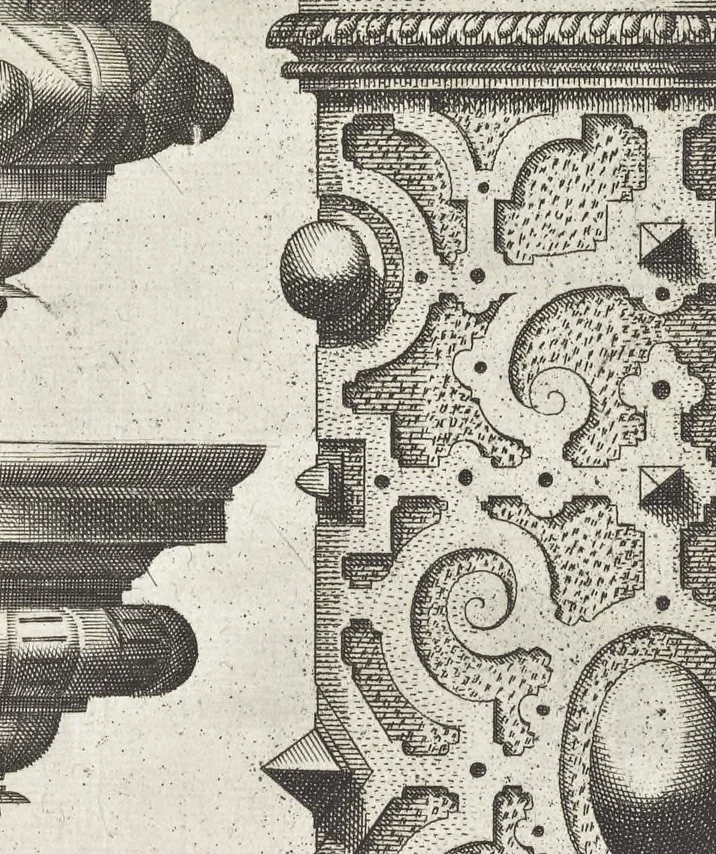 An illustration from Das erst Buch, gemacht avff de zvvey Colommen Dorica vnd Ionica [graphic] : sampt iren podien, bases, cornicen, capitelen, architraben, phrisen vnd coronamenten, eyn jede inn drey manieren gezieret vnd getailet ... gezogen auss dem berumpten Architecten Vitruuio ..., 1565, leaf 29