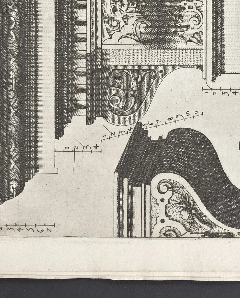 An illustration from Das erst Buch, gemacht avff de zvvey Colommen Dorica vnd Ionica [graphic] : sampt iren podien, bases, cornicen, capitelen, architraben, phrisen vnd coronamenten, eyn jede inn drey manieren gezieret vnd getailet ... gezogen auss dem berumpten Architecten Vitruuio ..., 1565, leaf 61