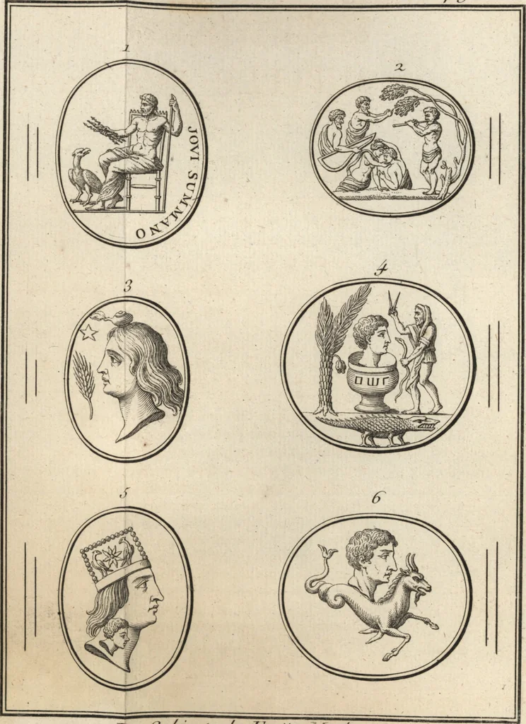 An illustration from Explication de divers monumens singuliers, qui ont rapport a la religion des plus anciens peuples : avec l'examen de la derniere edition des ouvrages de S. Jerôme, & un traité sur l'astrologie judiciaire : ouvrage enrichi de figures en taille-douce, 1739, leaf 426