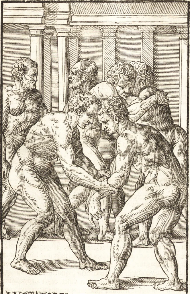An illustration from Hieronymi Mercurialis Foroliviensis De arte gymnastica libri sex : in quibus exercitationum omnium vetustarum genera, loca, modi, facultates, & quidquid denique ad corporis humani exercitationes pertinet diligenter explicatur, 1672, leaf 164