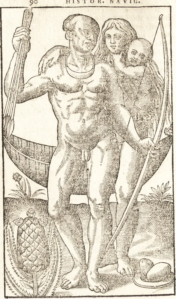 An illustration from Historia navigationis in Brasiliam quae et America dicitvr : qua describitvr avthoris navigatio, quaeque in mari vidit memoriae prodenda, Villagagnonis in America gesta : Brasiliensium victus & mores, à nostris admodum alieni, cum eorum linguae dialogo : animalia etiam, arbores atque herbae, reliquaque singularia & nobis penitus incognita, 1594, leaf 147