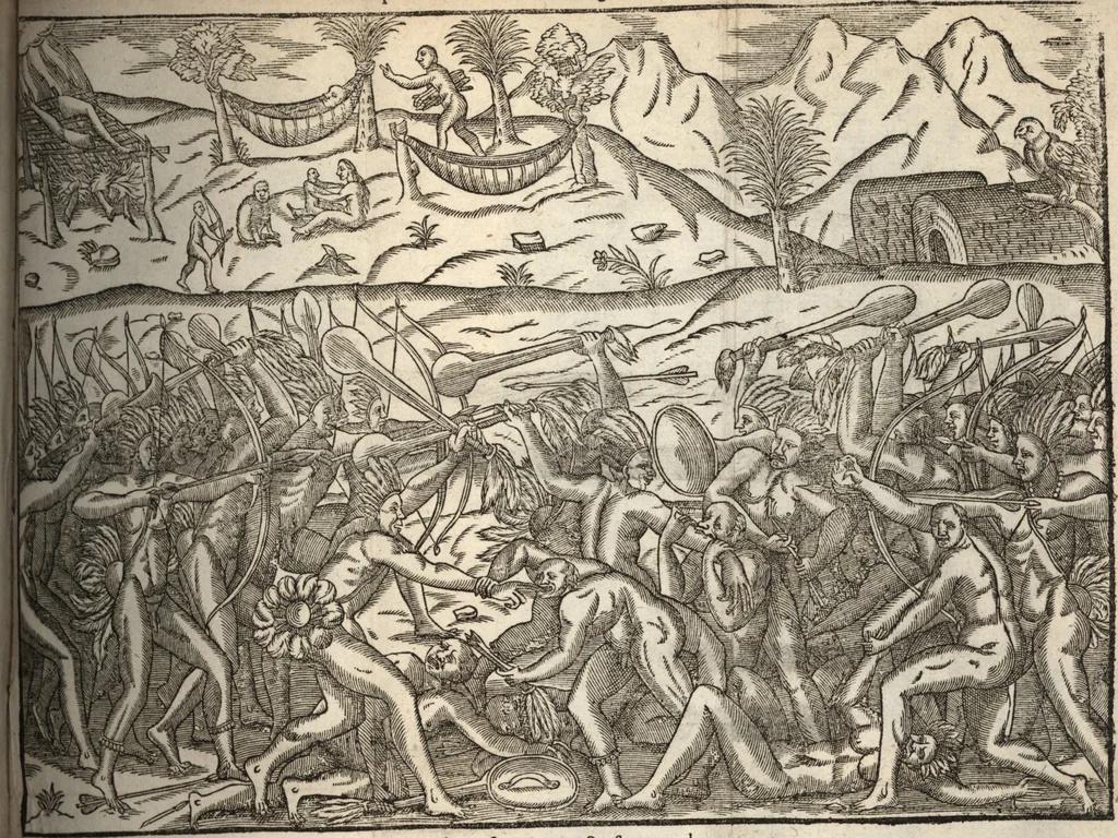 An illustration from Historia navigationis in Brasiliam quae et America dicitvr : qua describitvr avthoris navigatio, quaeque in mari vidit memoriae prodenda, Villagagnonis in America gesta : Brasiliensium victus & mores, à nostris admodum alieni, cum eorum linguae dialogo : animalia etiam, arbores atque herbae, reliquaque singularia & nobis penitus incognita, 1594, leaf 236