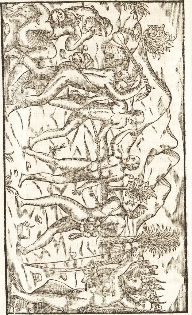 An illustration from Historia navigationis in Brasiliam quae et America dicitvr : qua describitvr avthoris navigatio, quaeque in mari vidit memoriae prodenda, Villagagnonis in America gesta : Brasiliensium victus & mores, à nostris admodum alieni, cum eorum linguae dialogo : animalia etiam, arbores atque herbae, reliquaque singularia & nobis penitus incognita, 1594, leaf 245