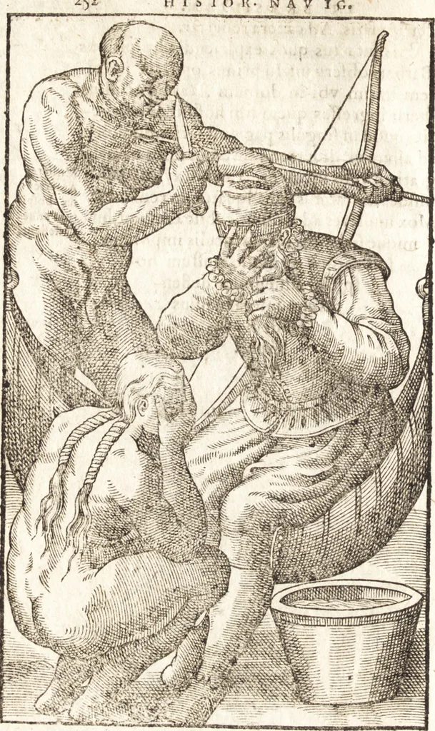 An illustration from Historia navigationis in Brasiliam quae et America dicitvr : qua describitvr avthoris navigatio, quaeque in mari vidit memoriae prodenda, Villagagnonis in America gesta : Brasiliensium victus & mores, à nostris admodum alieni, cum eorum linguae dialogo : animalia etiam, arbores atque herbae, reliquaque singularia & nobis penitus incognita, 1594, leaf 329