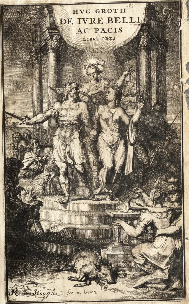 An illustration from Hugonis Grotii De jure belli ac pacis libri tres : in quibus jus naturae & gentium, item juris publici praecipua explicantur, 1670, leaf 4