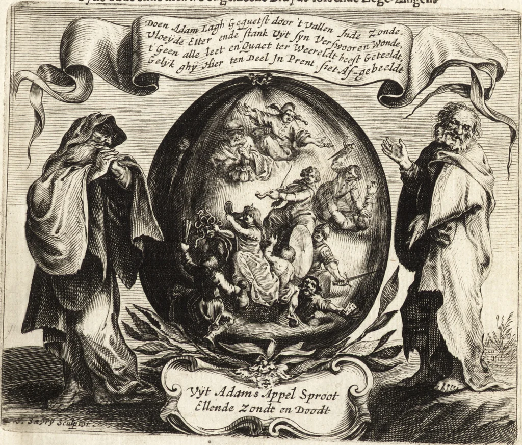 An illustration from Ian vander Veens Zinne-beelden, oft, Adams appel : verciert met seer aerdige const-plaeten : mitsgaders syne oude ende nieuwe ongemeene Bruydt-lofs, ende Zege-zangen, 1642, leaf 8