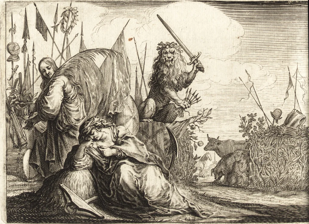 An illustration from Ian vander Veens Zinne-beelden, oft, Adams appel : verciert met seer aerdige const-plaeten : mitsgaders syne oude ende nieuwe ongemeene Bruydt-lofs, ende Zege-zangen, 1642, leaf 37