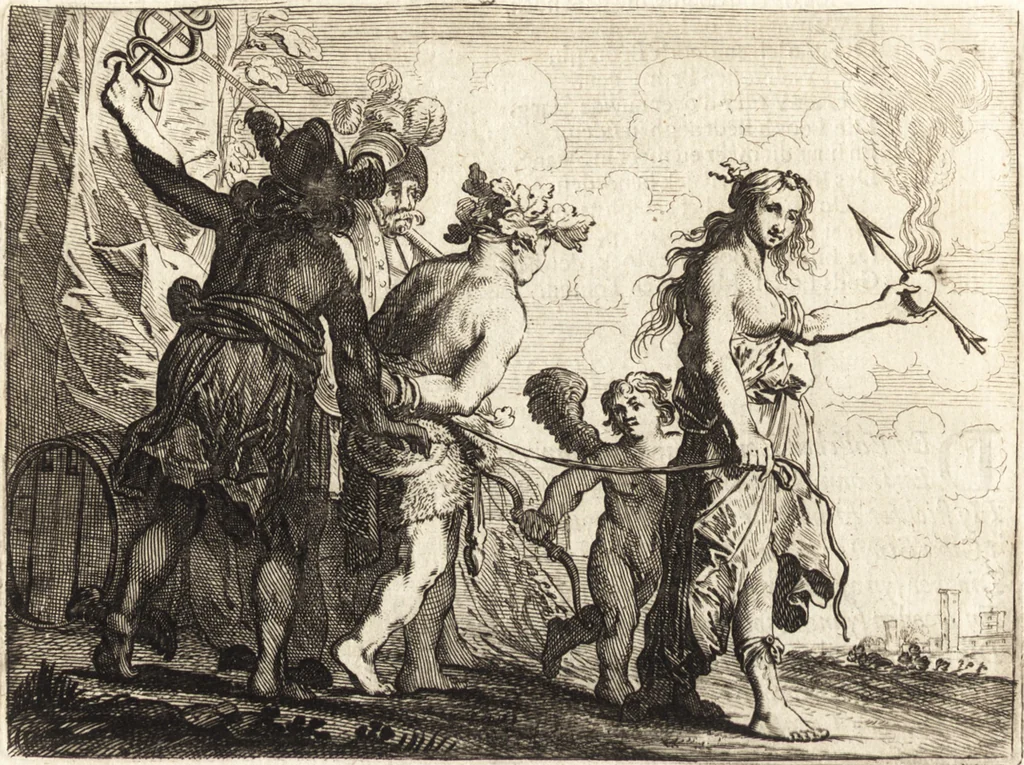 An illustration from Ian vander Veens Zinne-beelden, oft, Adams appel : verciert met seer aerdige const-plaeten : mitsgaders syne oude ende nieuwe ongemeene Bruydt-lofs, ende Zege-zangen, 1642, leaf 57