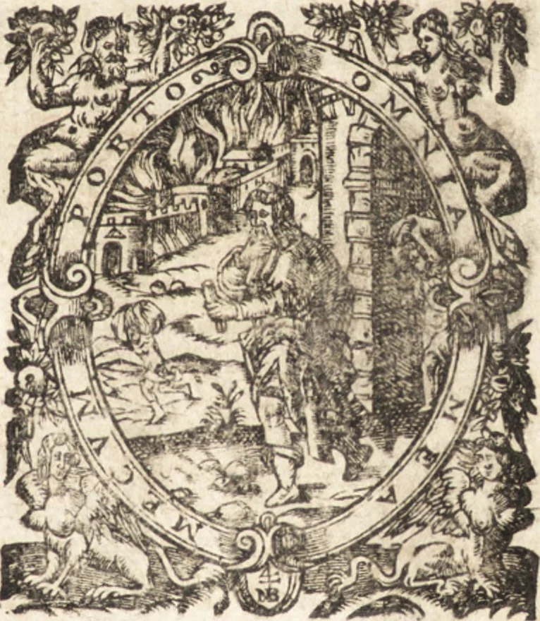 An illustration from Illustratio sacri patrimonii, seu, De bonis et possessionibus ecclesiarum : vbi agitur de veteris & nouae legis sacerdotum censibus, origine & fundatione oratoriorum, parochiarum, episcopatuum, monasteriorum, ecclesiae seruis, mancipijs, colonis, casatis, libertis, mansis, praedijs, decimis, oblationibus, primitijs iuribus episcoporum & sacerdotum, 1636, leaf 4