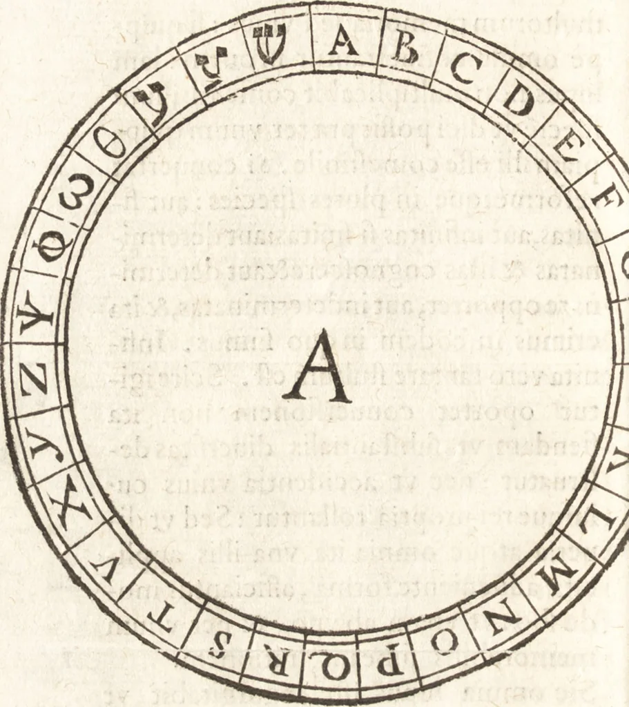 An illustration from Iordanvs Brvnvs nolanvs De vmbris idearvm : implicantibus artem quaerendi, inueniendi, iudicandi, ordinandi, & applicandi : ad internam scripturam, & non vulgares per memoriam operationes explicatis, 1582, leaf 141
