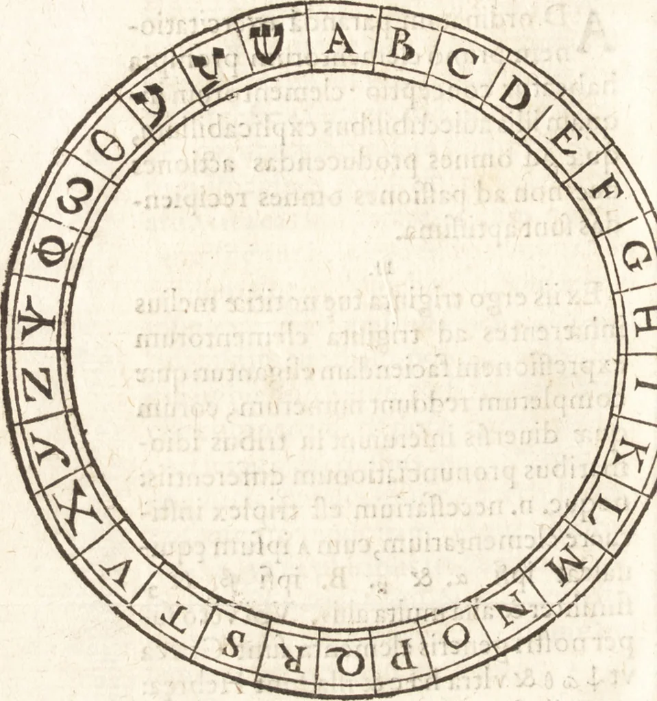 An illustration from Iordanvs Brvnvs nolanvs De vmbris idearvm : implicantibus artem quaerendi, inueniendi, iudicandi, ordinandi, & applicandi : ad internam scripturam, & non vulgares per memoriam operationes explicatis, 1582, leaf 151