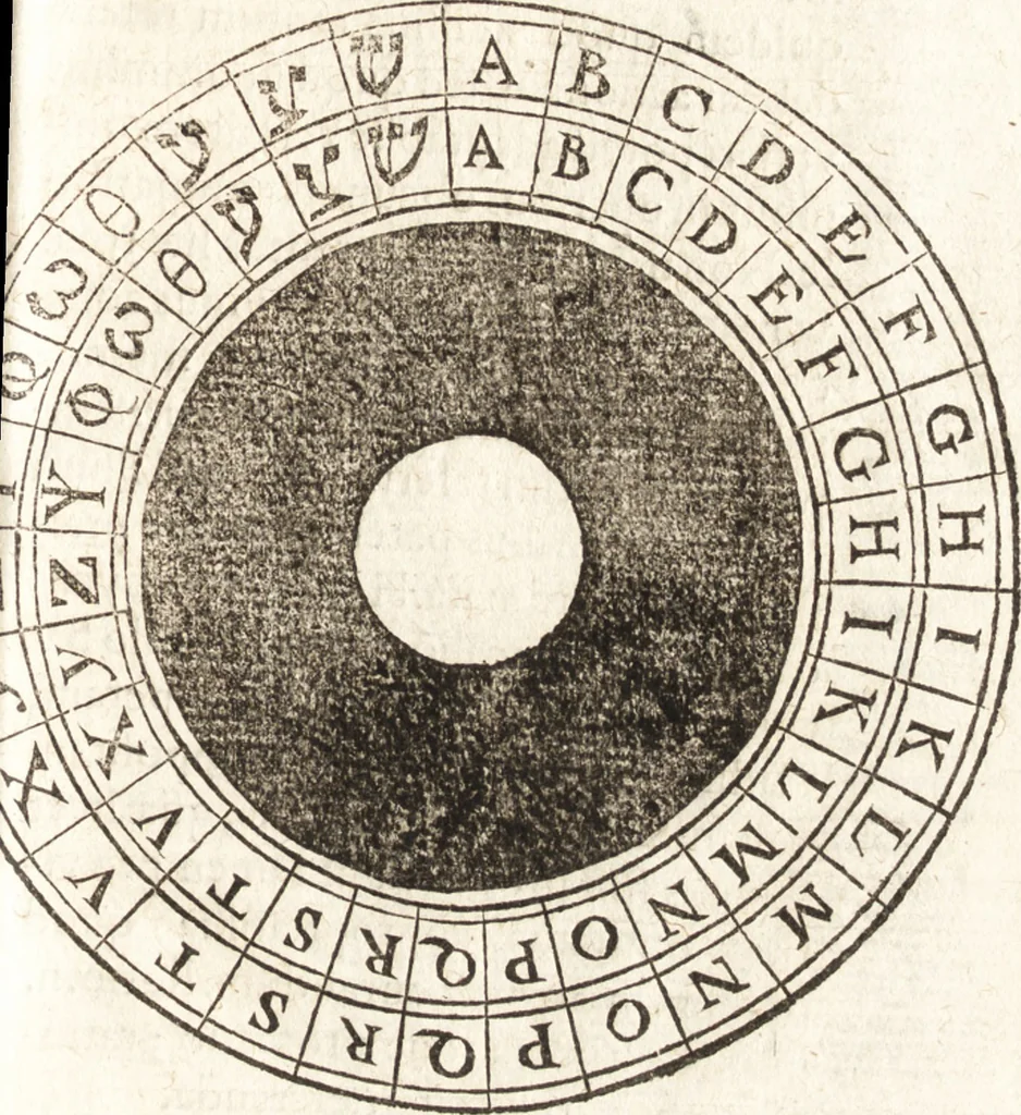 An illustration from Iordanvs Brvnvs nolanvs De vmbris idearvm : implicantibus artem quaerendi, inueniendi, iudicandi, ordinandi, & applicandi : ad internam scripturam, & non vulgares per memoriam operationes explicatis, 1582, leaf 154