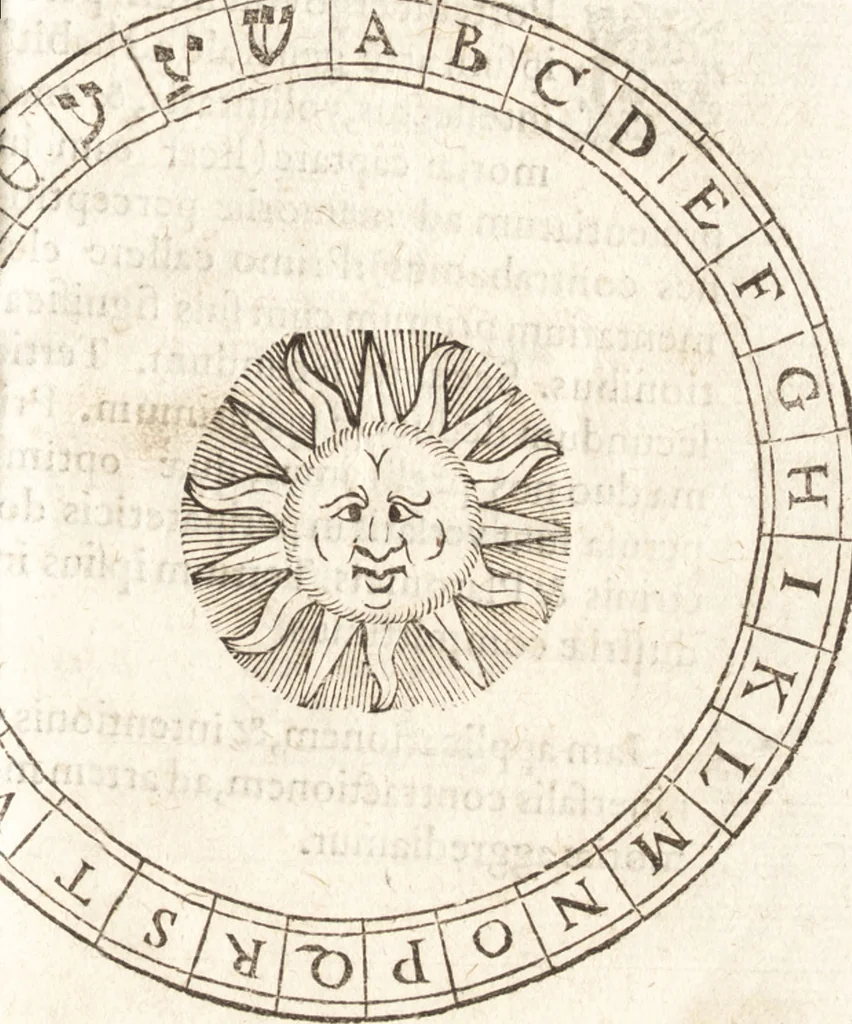 An illustration from Iordanvs Brvnvs nolanvs De vmbris idearvm : implicantibus artem quaerendi, inueniendi, iudicandi, ordinandi, & applicandi : ad internam scripturam, & non vulgares per memoriam operationes explicatis, 1582, leaf 78