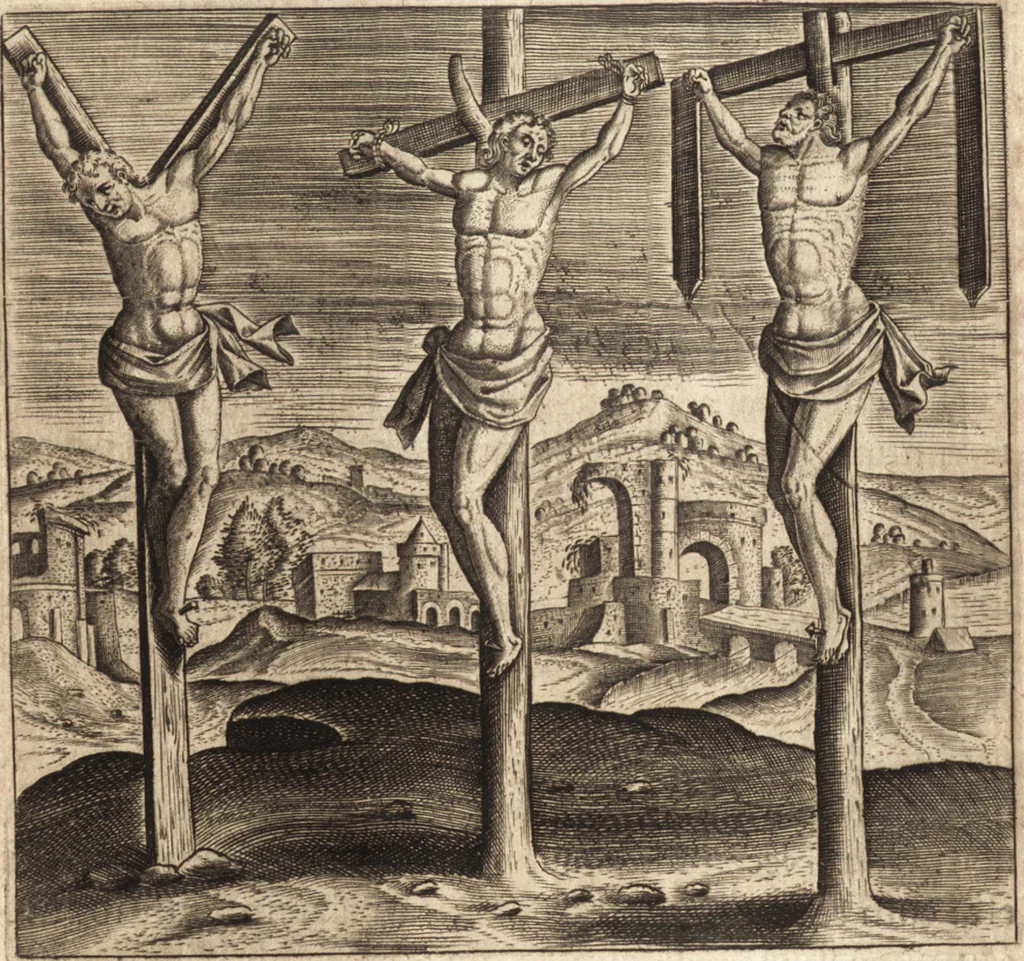 An illustration from Ivsti LipsI de crvce libri tres : ad sacram profanámque historiam vtiles : vnà cum notis, 1606, leaf 65