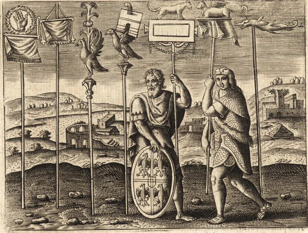 An illustration from Ivsti LipsI De militia Romana libri qvinqve : commentarivs ad Polybivm, 1602, leaf 181