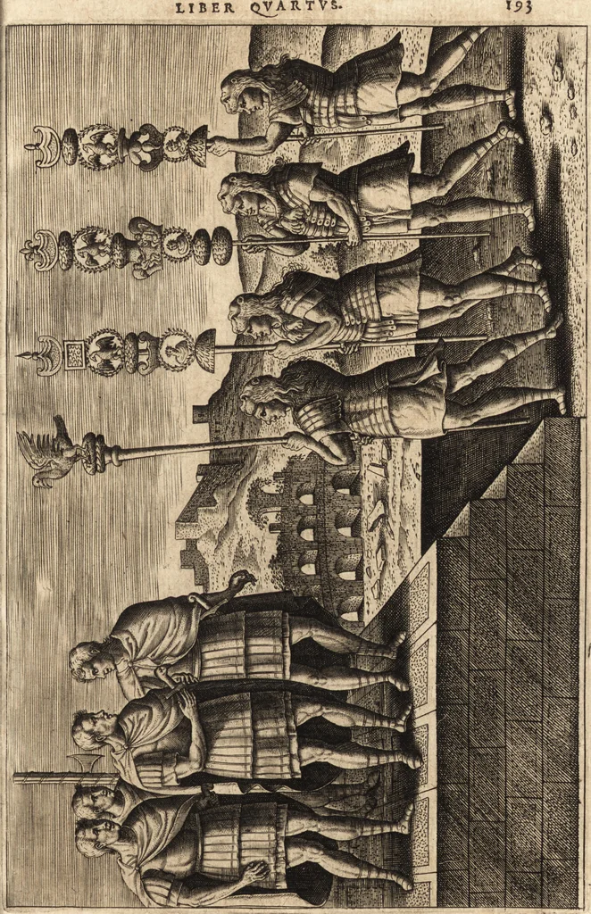 An illustration from Ivsti LipsI De militia Romana libri qvinqve : commentarivs ad Polybivm, 1602, leaf 204
