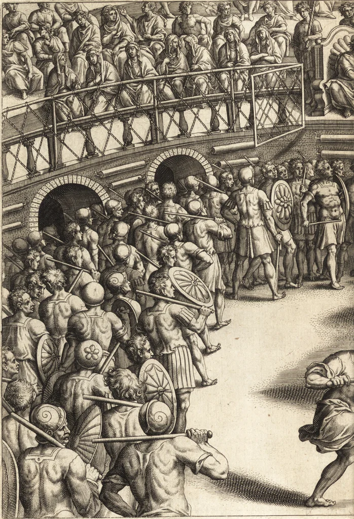 An illustration from Ivsti LipsI Satvrnalivm sermonvm libri dvo, qvi de gladiatoribvs, 1604, leaf 123