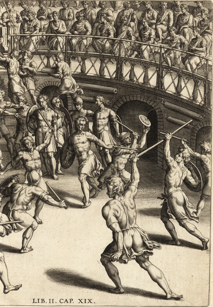 An illustration from Ivsti LipsI Satvrnalivm sermonvm libri dvo, qvi de gladiatoribvs, 1604, leaf 124
