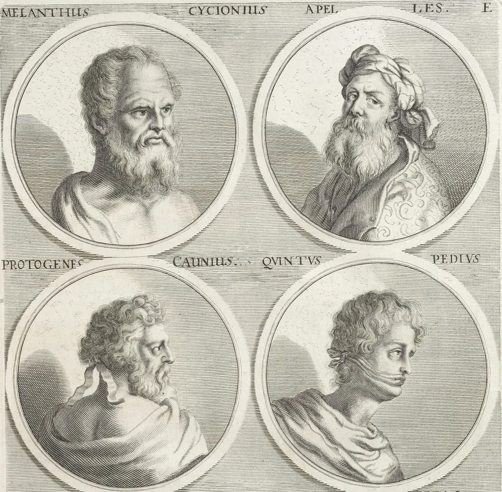 An illustration from Joachimi de Sandrart, à Stockau ... Academia nobilissimae artis pictoriae, sive, De veris & genuinis hujusdem proprietatibus, theorematibus, secretis atque requisitis aliis ... : unà cum artificum tam Aegyptiorum, Graecorum & Romanorum, quàm Italorum, Gallorum, Anglorum, Germanorum, Belgarum, aliorumq[ue] ... vitis atque encomiis ... : eorundemque plusquàm ducentis iconibus ... aere expressis, erecta atq[ue] publicata, 1683, leaf 106