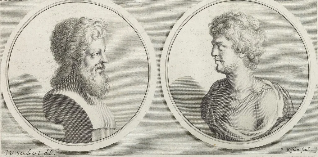 An illustration from Joachimi de Sandrart, à Stockau ... Academia nobilissimae artis pictoriae, sive, De veris & genuinis hujusdem proprietatibus, theorematibus, secretis atque requisitis aliis ... : unà cum artificum tam Aegyptiorum, Graecorum & Romanorum, quàm Italorum, Gallorum, Anglorum, Germanorum, Belgarum, aliorumq[ue] ... vitis atque encomiis ... : eorundemque plusquàm ducentis iconibus ... aere expressis, erecta atq[ue] publicata, 1683, leaf 106