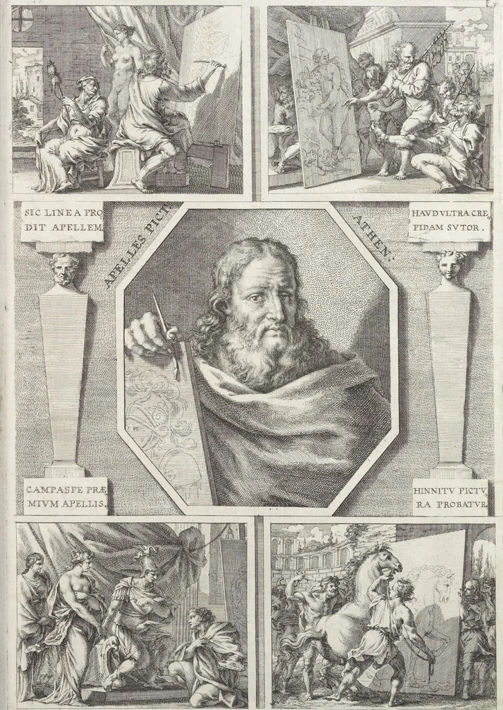 An illustration from Joachimi de Sandrart, à Stockau ... Academia nobilissimae artis pictoriae, sive, De veris & genuinis hujusdem proprietatibus, theorematibus, secretis atque requisitis aliis ... : unà cum artificum tam Aegyptiorum, Graecorum & Romanorum, quàm Italorum, Gallorum, Anglorum, Germanorum, Belgarum, aliorumq[ue] ... vitis atque encomiis ... : eorundemque plusquàm ducentis iconibus ... aere expressis, erecta atq[ue] publicata, 1683, leaf 112