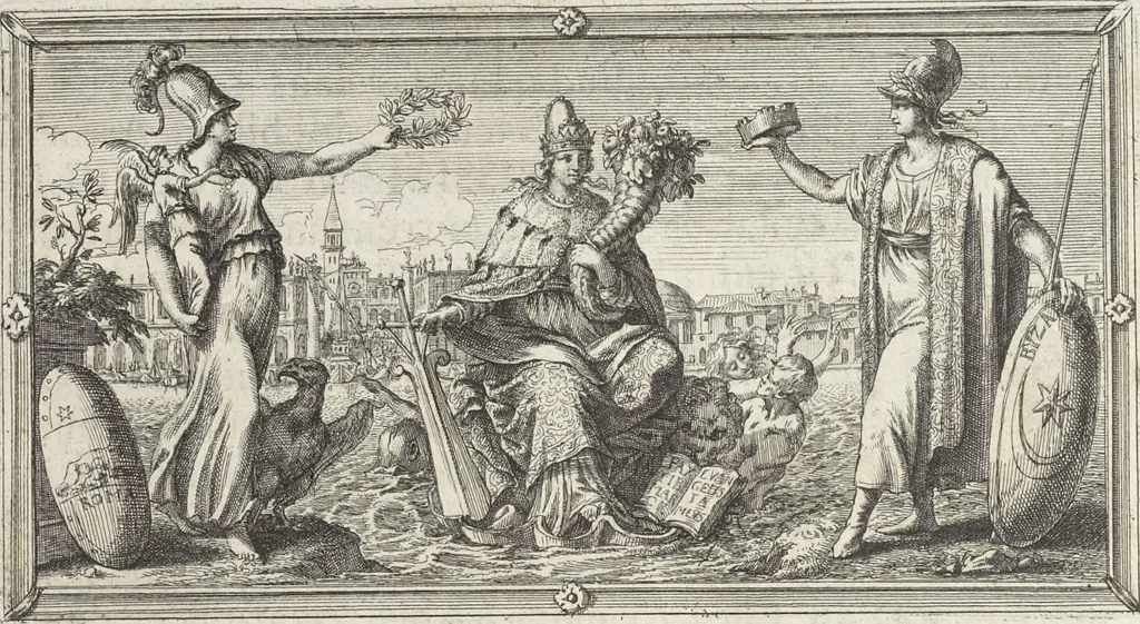 An illustration from Joachimi de Sandrart, à Stockau ... Academia nobilissimae artis pictoriae, sive, De veris & genuinis hujusdem proprietatibus, theorematibus, secretis atque requisitis aliis ... : unà cum artificum tam Aegyptiorum, Graecorum & Romanorum, quàm Italorum, Gallorum, Anglorum, Germanorum, Belgarum, aliorumq[ue] ... vitis atque encomiis ... : eorundemque plusquàm ducentis iconibus ... aere expressis, erecta atq[ue] publicata, 1683, leaf 12