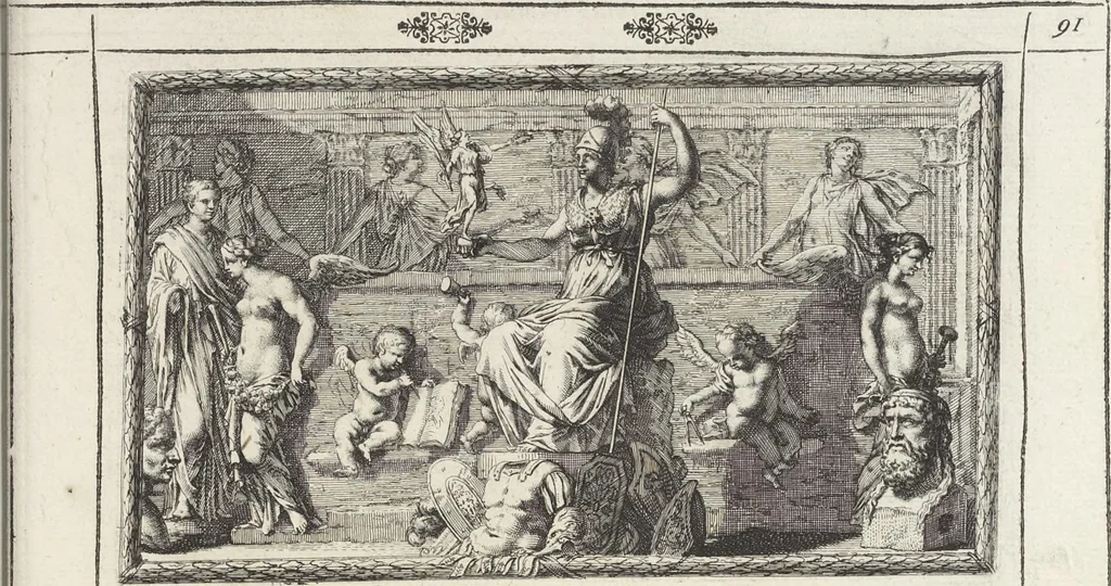 An illustration from Joachimi de Sandrart, à Stockau ... Academia nobilissimae artis pictoriae, sive, De veris & genuinis hujusdem proprietatibus, theorematibus, secretis atque requisitis aliis ... : unà cum artificum tam Aegyptiorum, Graecorum & Romanorum, quàm Italorum, Gallorum, Anglorum, Germanorum, Belgarum, aliorumq[ue] ... vitis atque encomiis ... : eorundemque plusquàm ducentis iconibus ... aere expressis, erecta atq[ue] publicata, 1683, leaf 150