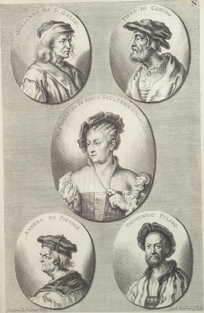 An illustration from Joachimi de Sandrart, à Stockau ... Academia nobilissimae artis pictoriae, sive, De veris & genuinis hujusdem proprietatibus, theorematibus, secretis atque requisitis aliis ... : unà cum artificum tam Aegyptiorum, Graecorum & Romanorum, quàm Italorum, Gallorum, Anglorum, Germanorum, Belgarum, aliorumq[ue] ... vitis atque encomiis ... : eorundemque plusquàm ducentis iconibus ... aere expressis, erecta atq[ue] publicata, 1683, leaf 180