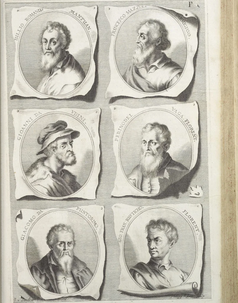 An illustration from Joachimi de Sandrart, à Stockau ... Academia nobilissimae artis pictoriae, sive, De veris & genuinis hujusdem proprietatibus, theorematibus, secretis atque requisitis aliis ... : unà cum artificum tam Aegyptiorum, Graecorum & Romanorum, quàm Italorum, Gallorum, Anglorum, Germanorum, Belgarum, aliorumq[ue] ... vitis atque encomiis ... : eorundemque plusquàm ducentis iconibus ... aere expressis, erecta atq[ue] publicata, 1683, leaf 214