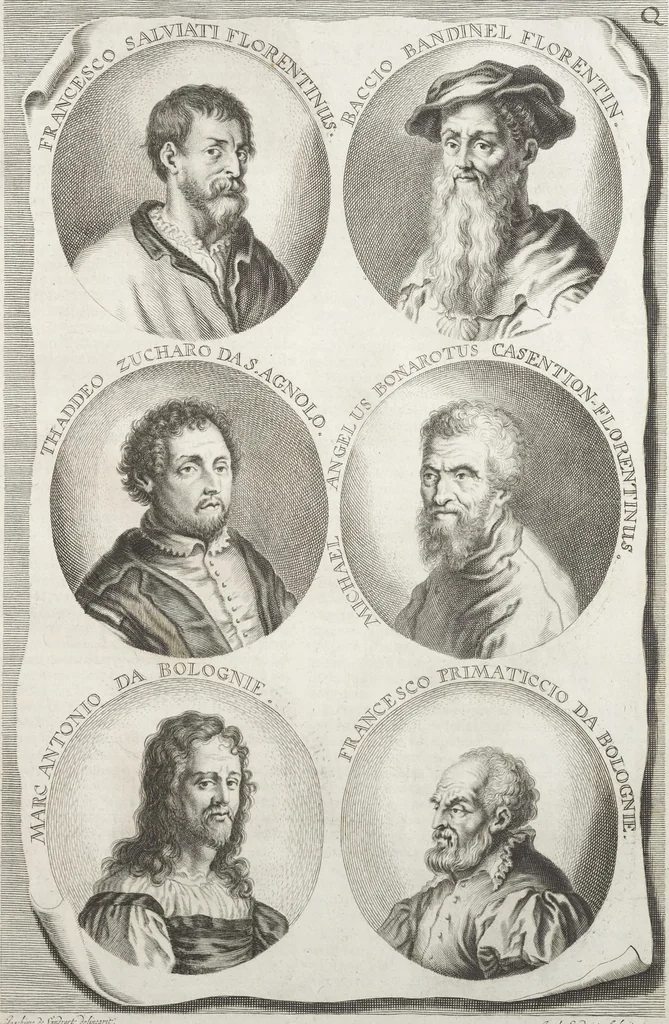 An illustration from Joachimi de Sandrart, à Stockau ... Academia nobilissimae artis pictoriae, sive, De veris & genuinis hujusdem proprietatibus, theorematibus, secretis atque requisitis aliis ... : unà cum artificum tam Aegyptiorum, Graecorum & Romanorum, quàm Italorum, Gallorum, Anglorum, Germanorum, Belgarum, aliorumq[ue] ... vitis atque encomiis ... : eorundemque plusquàm ducentis iconibus ... aere expressis, erecta atq[ue] publicata, 1683, leaf 230