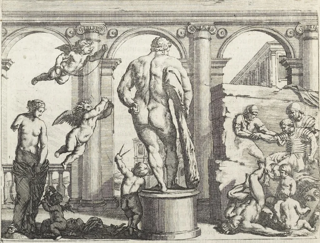 An illustration from Joachimi de Sandrart, à Stockau ... Academia nobilissimae artis pictoriae, sive, De veris & genuinis hujusdem proprietatibus, theorematibus, secretis atque requisitis aliis ... : unà cum artificum tam Aegyptiorum, Graecorum & Romanorum, quàm Italorum, Gallorum, Anglorum, Germanorum, Belgarum, aliorumq[ue] ... vitis atque encomiis ... : eorundemque plusquàm ducentis iconibus ... aere expressis, erecta atq[ue] publicata, 1683, leaf 281