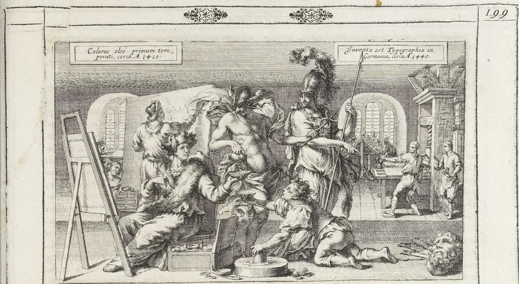 An illustration from Joachimi de Sandrart, à Stockau ... Academia nobilissimae artis pictoriae, sive, De veris & genuinis hujusdem proprietatibus, theorematibus, secretis atque requisitis aliis ... : unà cum artificum tam Aegyptiorum, Graecorum & Romanorum, quàm Italorum, Gallorum, Anglorum, Germanorum, Belgarum, aliorumq[ue] ... vitis atque encomiis ... : eorundemque plusquàm ducentis iconibus ... aere expressis, erecta atq[ue] publicata, 1683, leaf 282