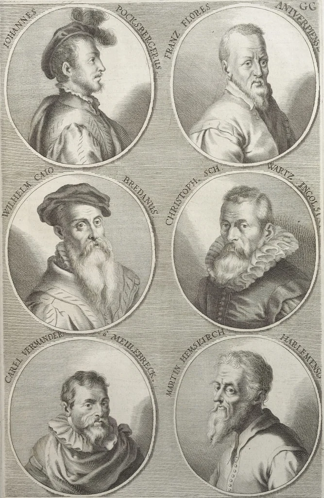 An illustration from Joachimi de Sandrart, à Stockau ... Academia nobilissimae artis pictoriae, sive, De veris & genuinis hujusdem proprietatibus, theorematibus, secretis atque requisitis aliis ... : unà cum artificum tam Aegyptiorum, Graecorum & Romanorum, quàm Italorum, Gallorum, Anglorum, Germanorum, Belgarum, aliorumq[ue] ... vitis atque encomiis ... : eorundemque plusquàm ducentis iconibus ... aere expressis, erecta atq[ue] publicata, 1683, leaf 348