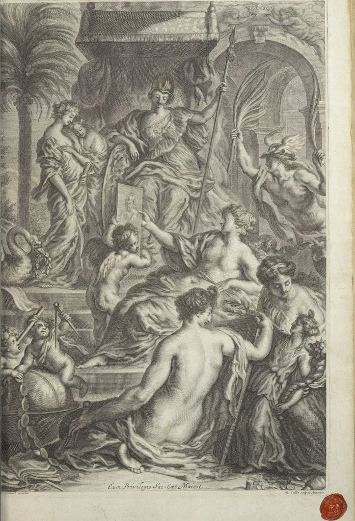 An illustration from Joachimi de Sandrart, à Stockau ... Academia nobilissimae artis pictoriae, sive, De veris & genuinis hujusdem proprietatibus, theorematibus, secretis atque requisitis aliis ... : unà cum artificum tam Aegyptiorum, Graecorum & Romanorum, quàm Italorum, Gallorum, Anglorum, Germanorum, Belgarum, aliorumq[ue] ... vitis atque encomiis ... : eorundemque plusquàm ducentis iconibus ... aere expressis, erecta atq[ue] publicata, 1683, leaf 6